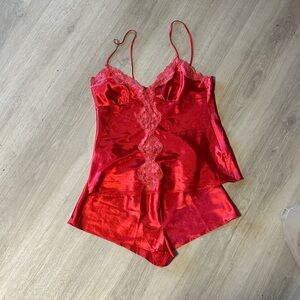 Luxurious Red Satin Lace Sleepwear Set